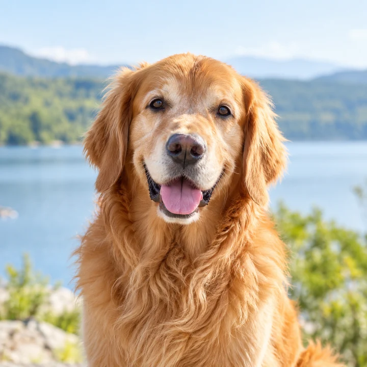 Original photo of a golden retriever by a lake